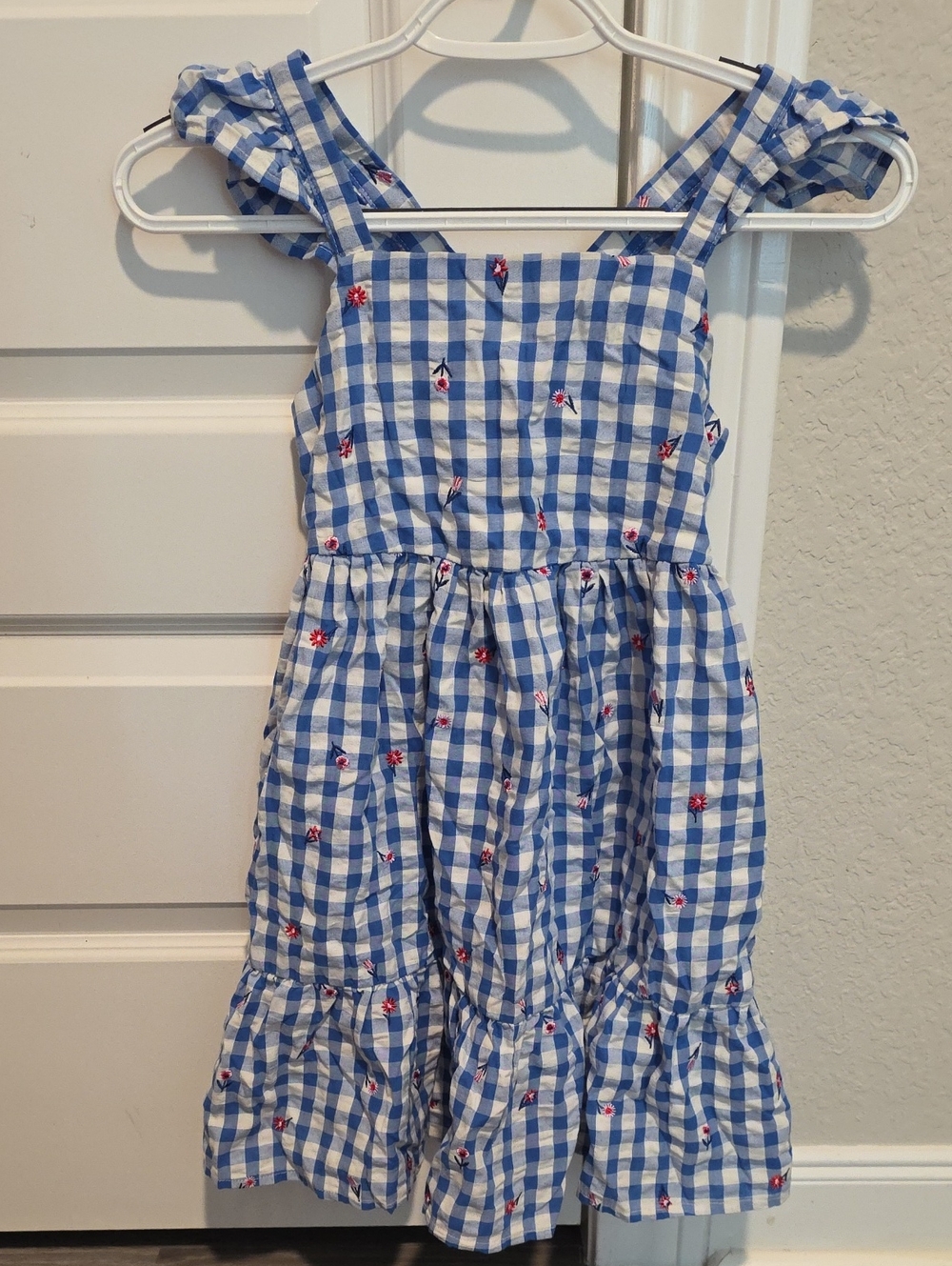 Cat & Jack Blue and White Gingham Ruffle Strap Dress with Red Floral Accents